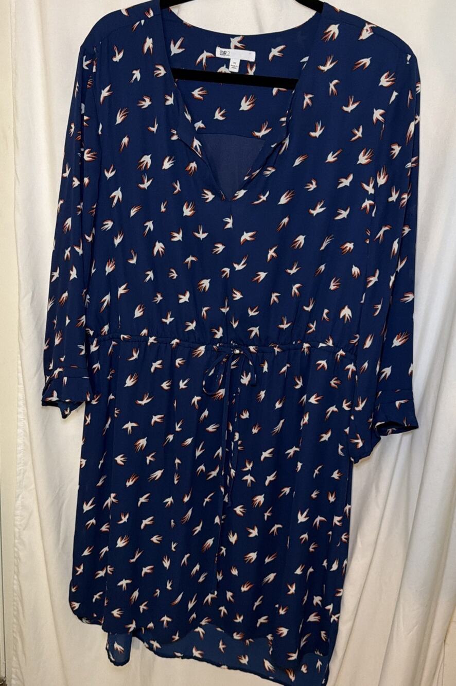 Dr2 Blue Swallow Print 3/4 Sleeve XL Lined Dress
